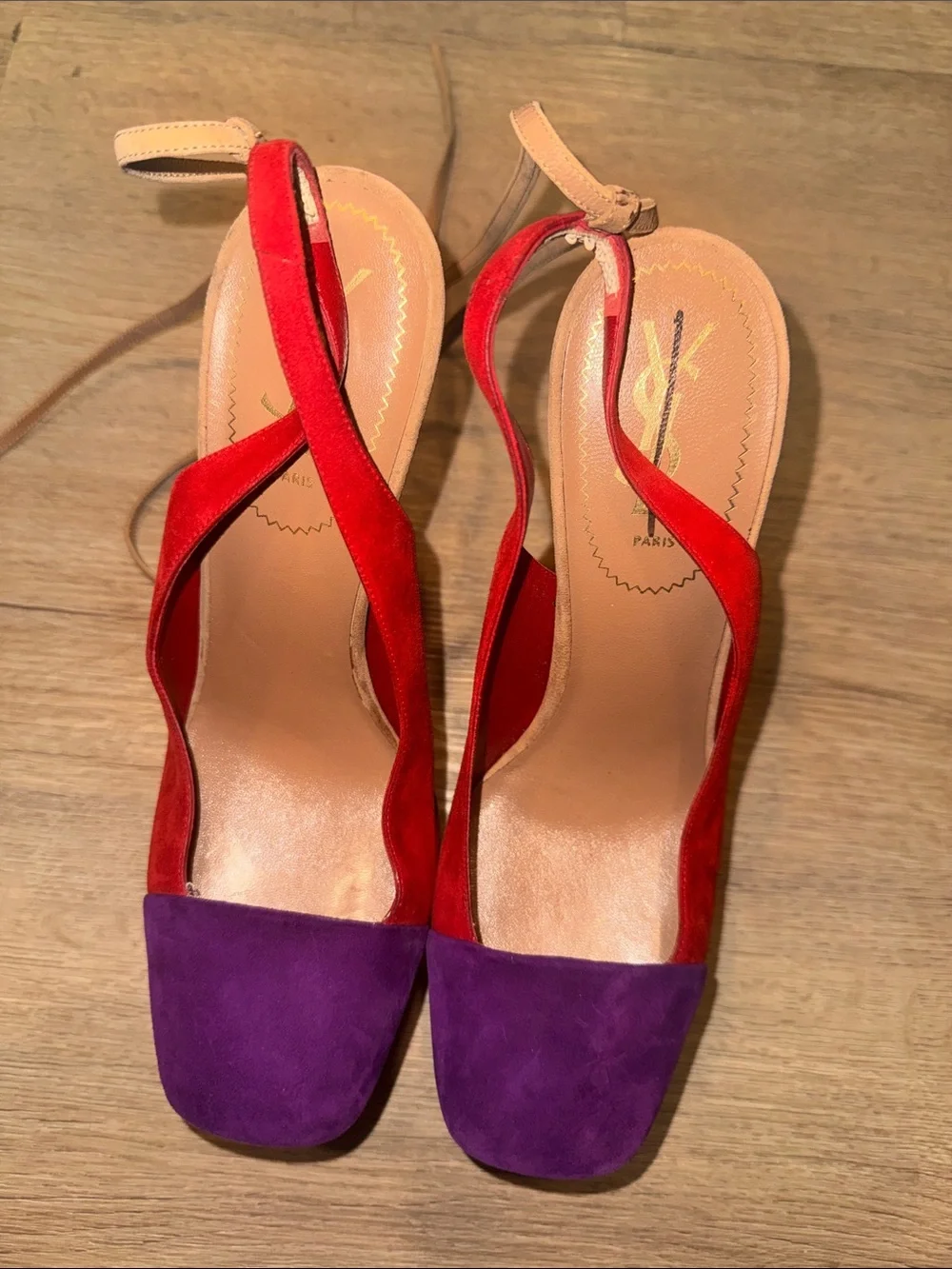 Yves Saint Laurent Two-Tone Suede Platform Heels in Red & Purple